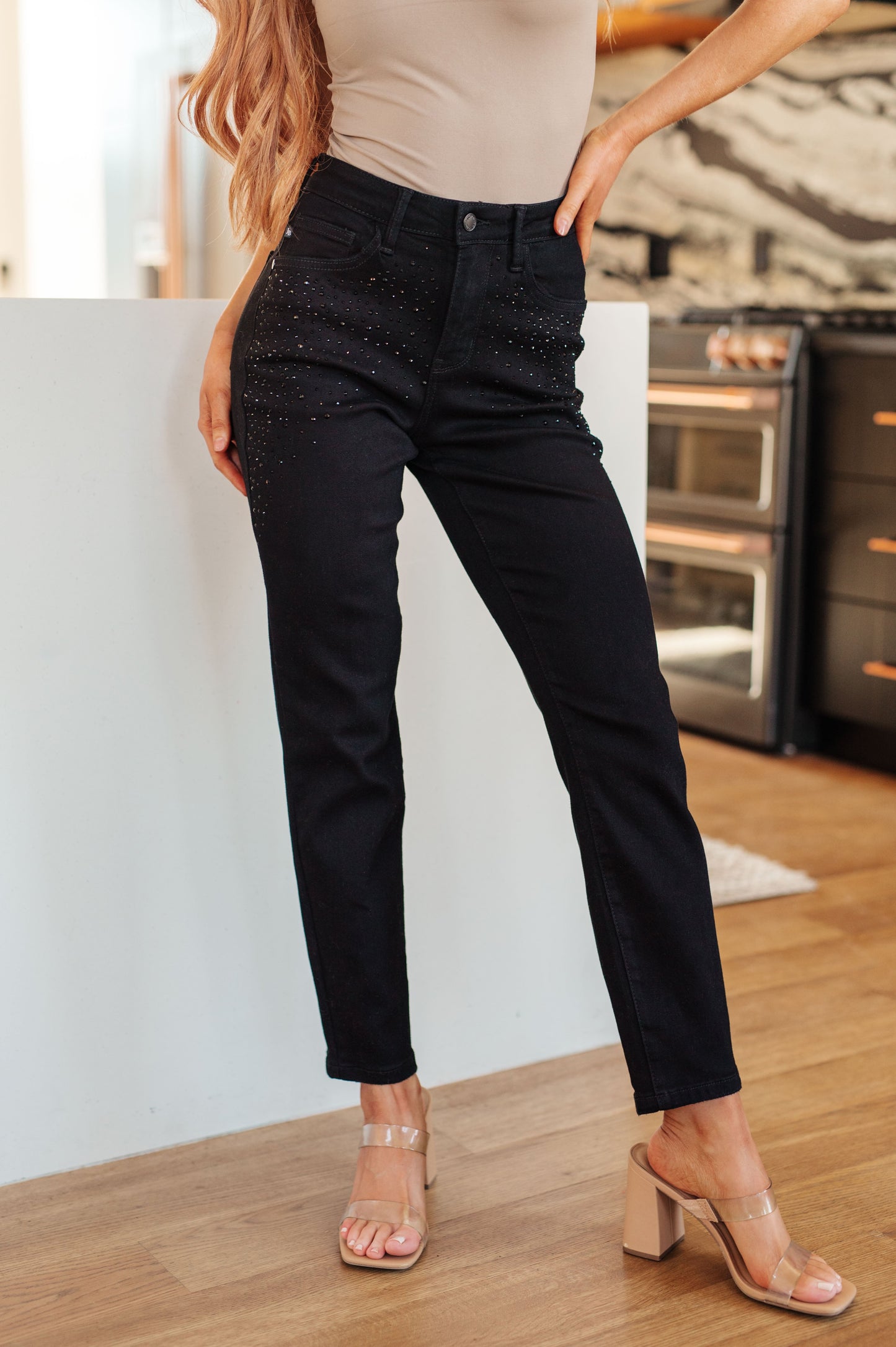 Reese Rhinestone Slim Fit Jeans in Black Ave Shops