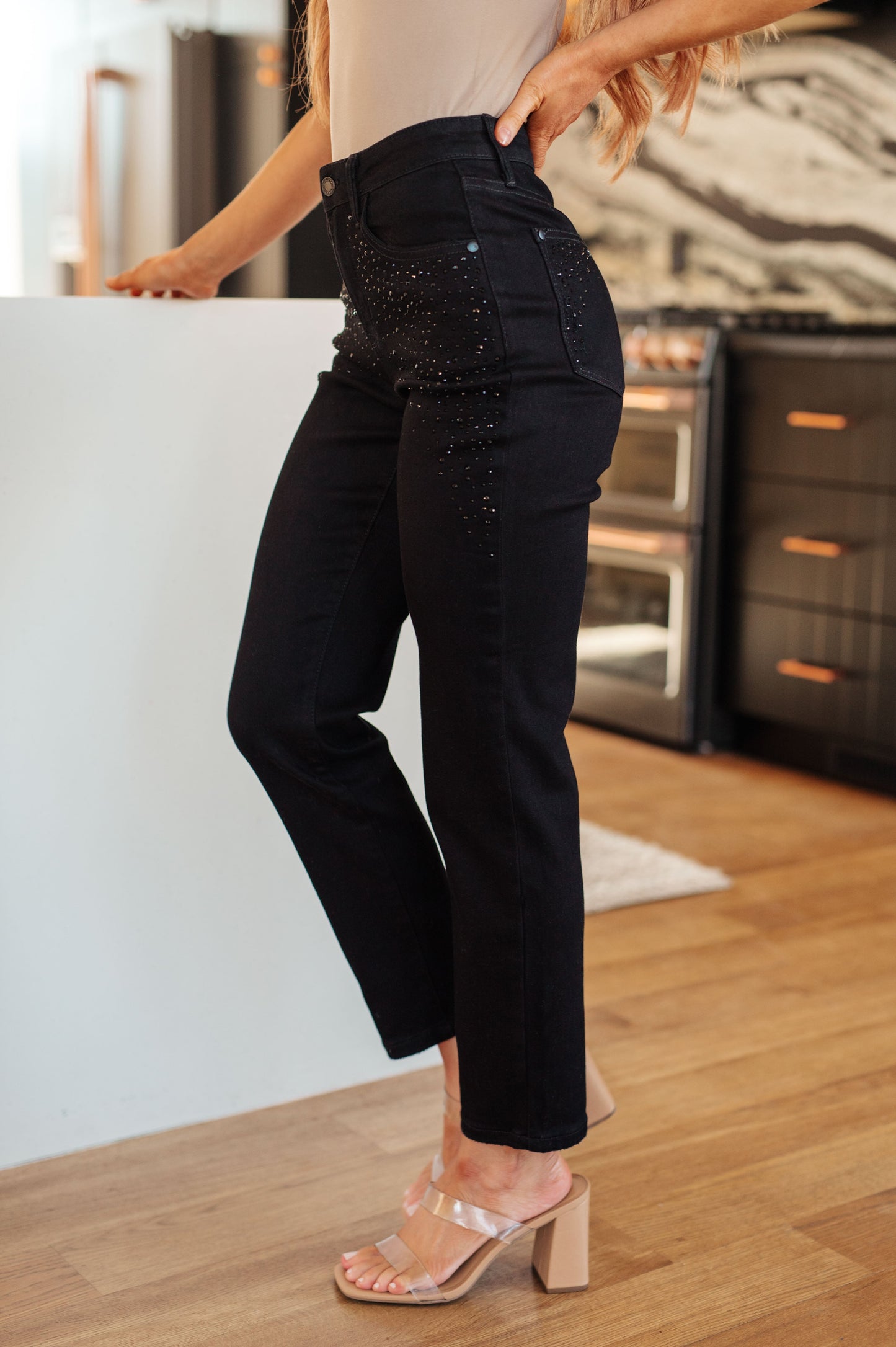 Reese Rhinestone Slim Fit Jeans in Black Ave Shops