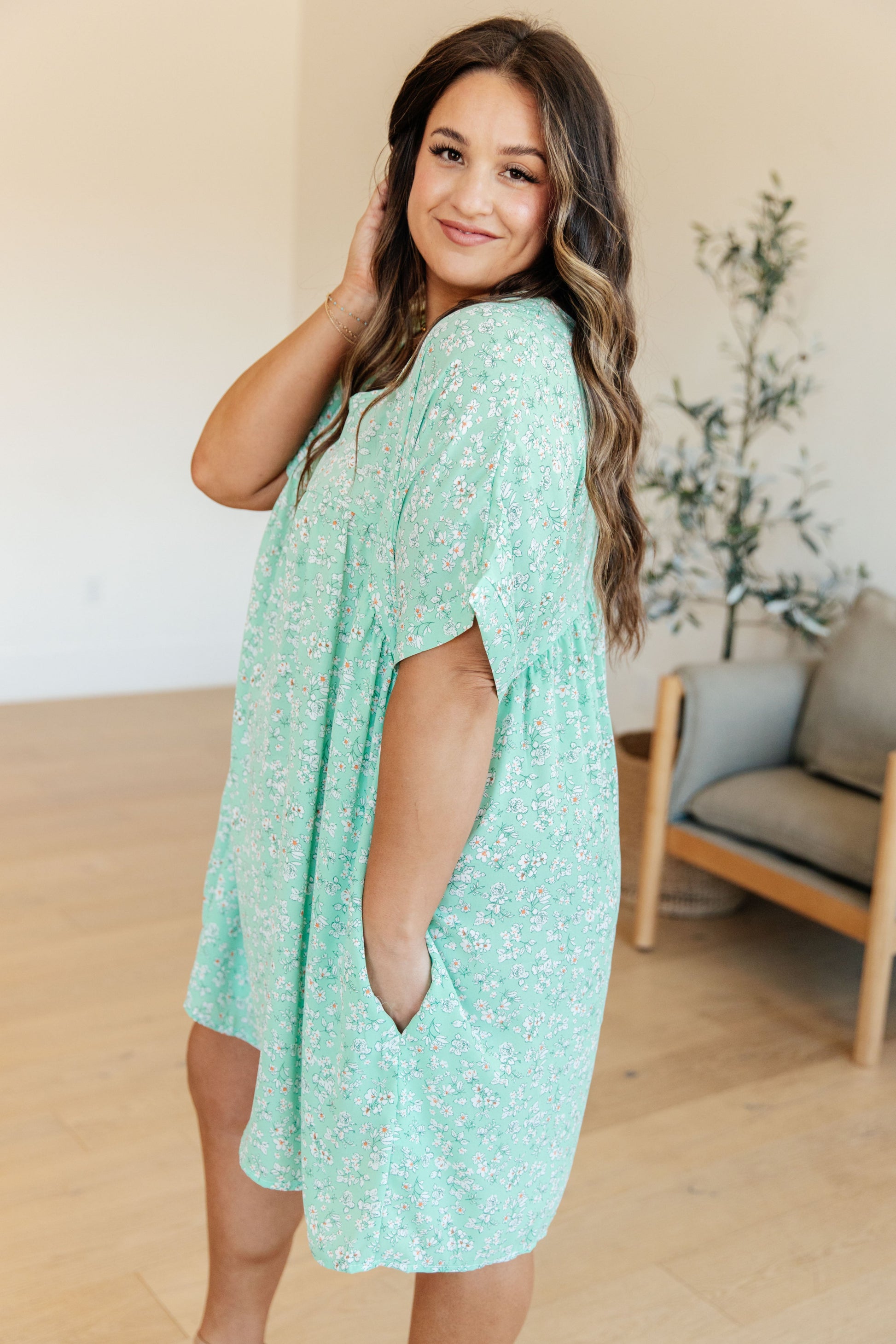 Rodeo Lights Dolman Sleeve Dress in Mint Floral Ave Shops