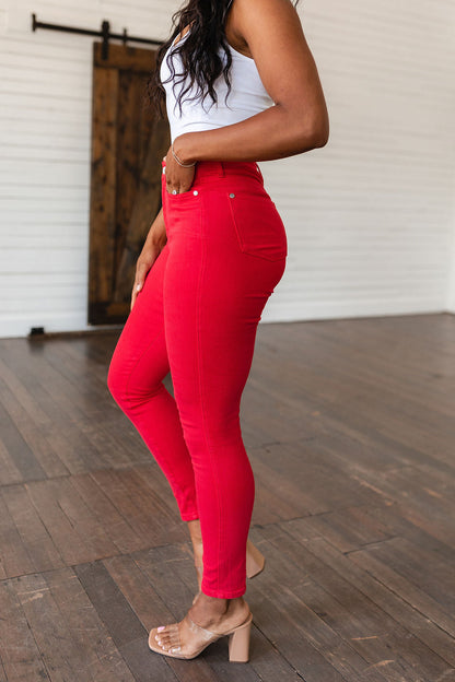 Ruby High Rise Control Top Garment Dyed Skinny Jeans in Red Ave Shops