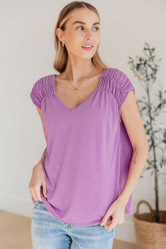 Ruched Cap Sleeve Top in Lavender Ave Shops