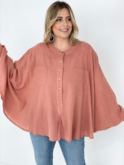 Easel Textured Cotton Linen Oversized Top Kiwidrop