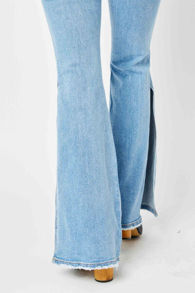 Judy Blue Full Size Mid Rise Raw Hem Slit Flare Jeans Trendsi