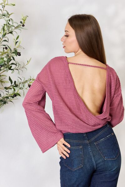 Culture Code Full Size Waffle-Knit Round Neck Long Sleeve Blouse Trendsi