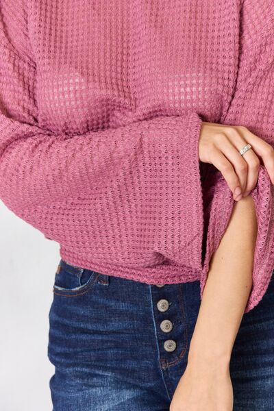 Culture Code Full Size Waffle-Knit Round Neck Long Sleeve Blouse Trendsi