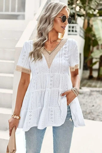 Contrast Short Sleeve Tiered Blouse - The Magnolia Cottage Boutique