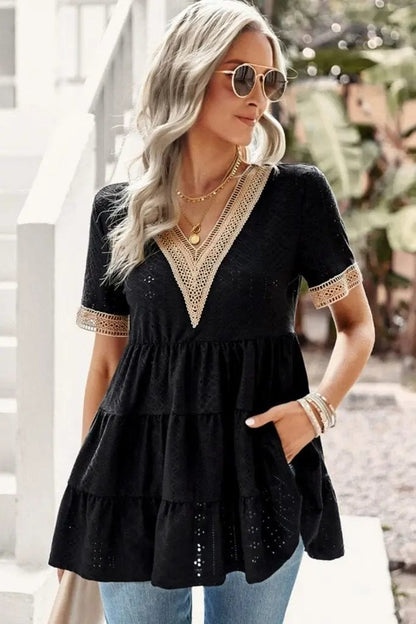 Contrast Short Sleeve Tiered Blouse - The Magnolia Cottage Boutique