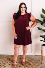Double Ruffle Sleeve Shift Dress In Classic Merlot - The Magnolia Cottage Boutique