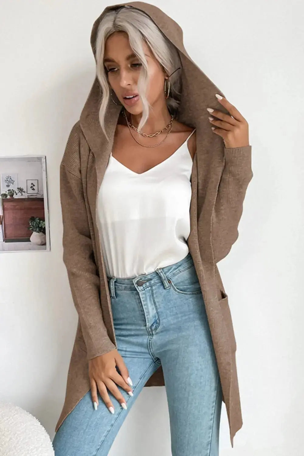 Double Take Ribbed Open Front Hooded Cardigan with Pockets - The Magnolia Cottage Boutique