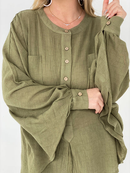 Easel Textured Cotton Linen Oversized Top Kiwidrop