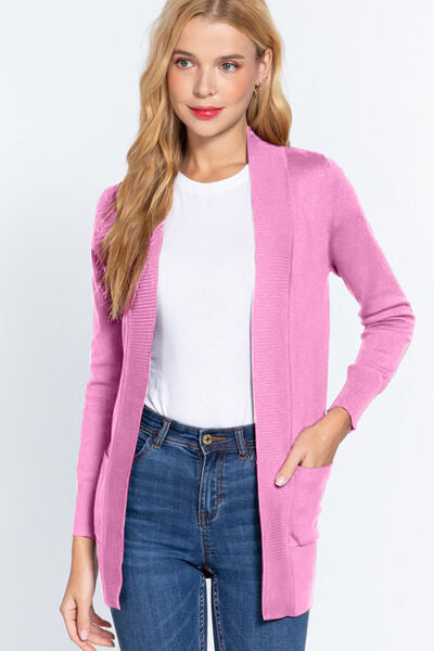 ACTIVE BASIC Ribbed Trim Open Front Cardigan Trendsi