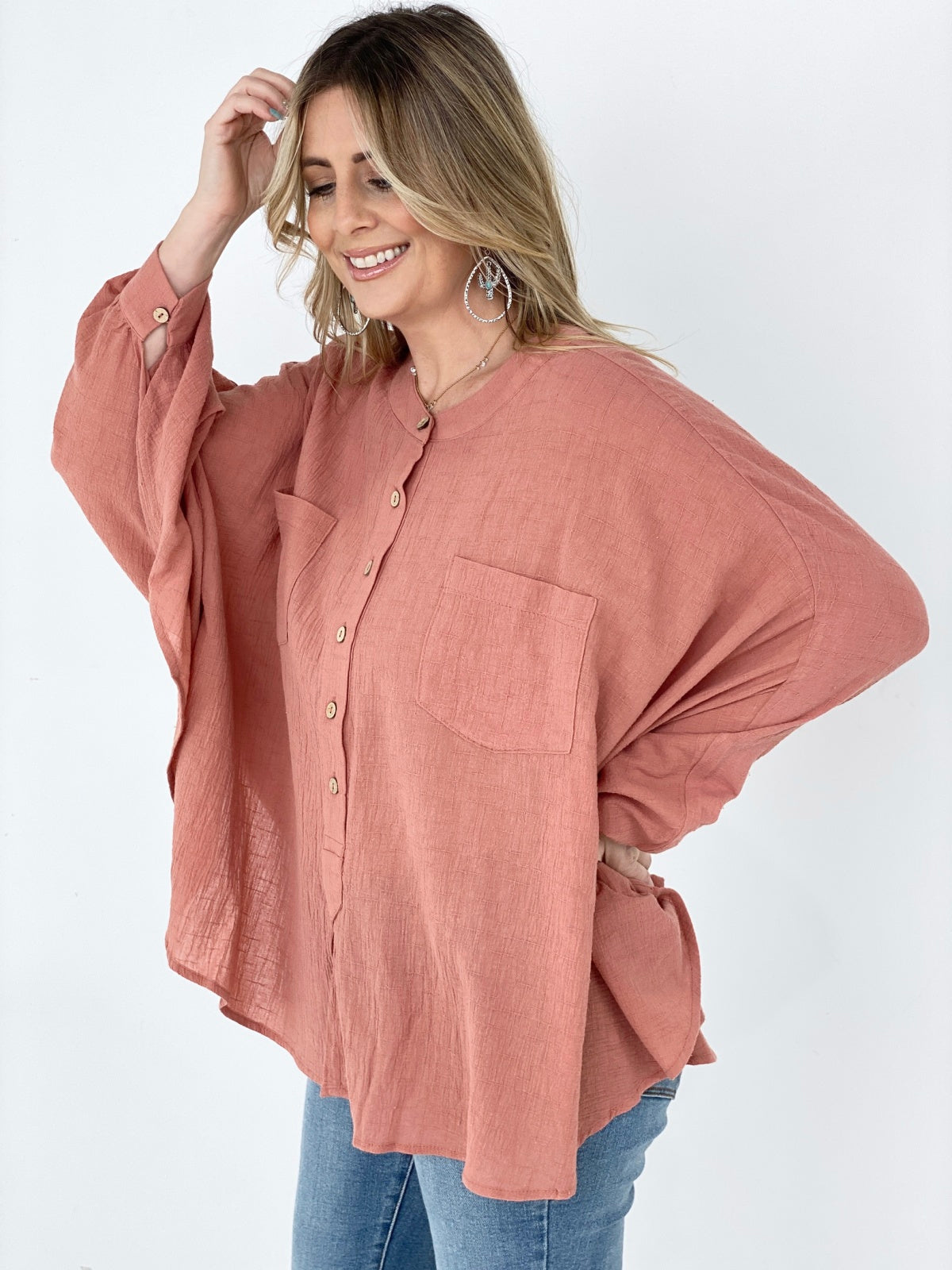 Easel Textured Cotton Linen Oversized Top Kiwidrop