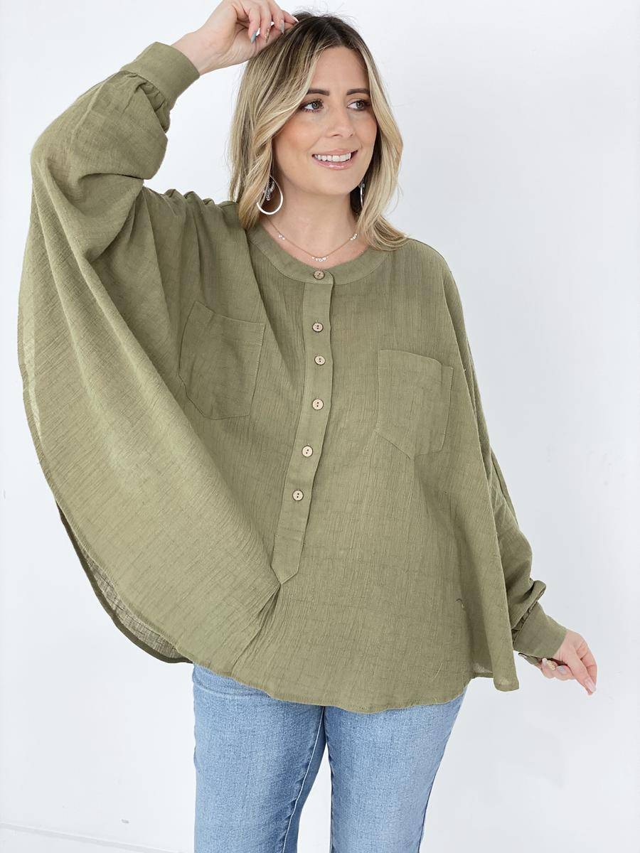 Easel Textured Cotton Linen Oversized Top Kiwidrop