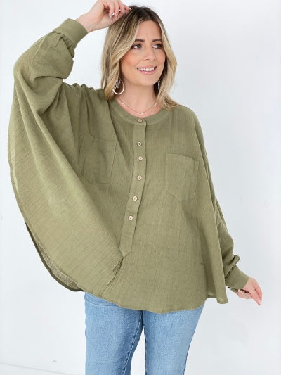 Easel Textured Cotton Linen Oversized Top Kiwidrop