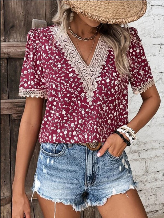 Full Size Printed V-Neck Short Sleeve Blouse Trendsi