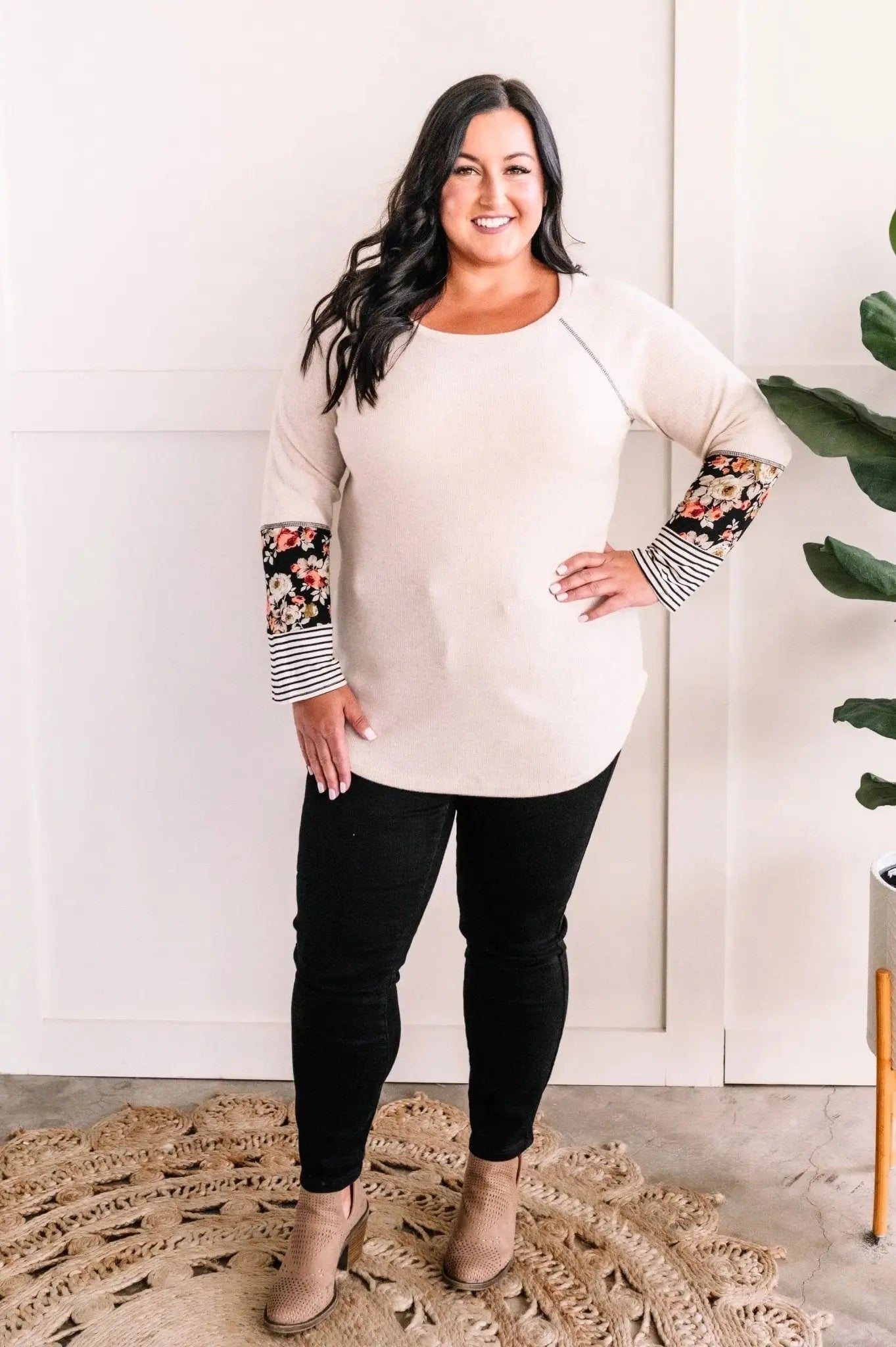 Floral & Stripe Contrasted Long Sleeve Top In Natural - The Magnolia Cottage Boutique
