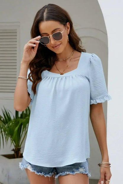 Frill Trim Puff Sleeve Blouse - The Magnolia Cottage Boutique