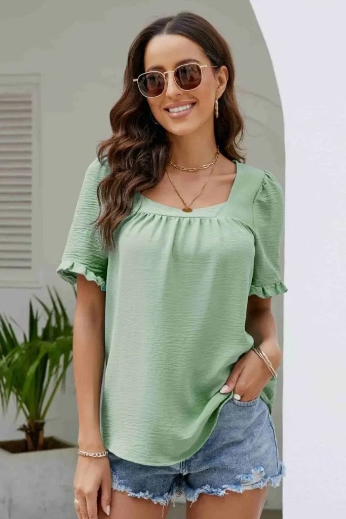 Frill Trim Puff Sleeve Blouse - The Magnolia Cottage Boutique