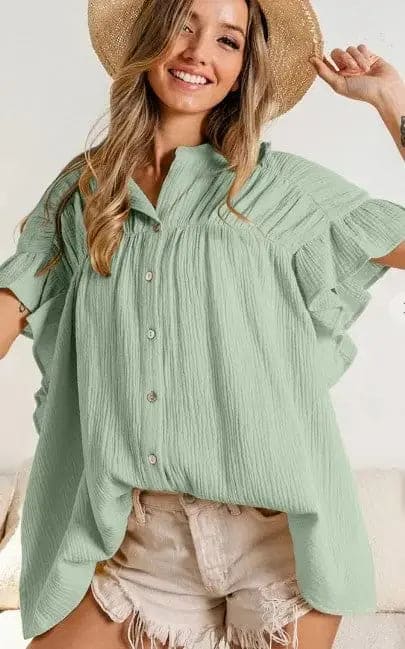 Gauze Wrinkle Shirred Top in Dust Sage - The Magnolia Cottage Boutique