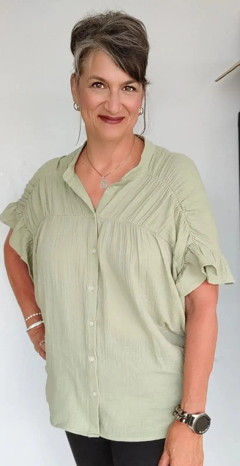 Gauze Wrinkle Shirred Top in Dust Sage - The Magnolia Cottage Boutique