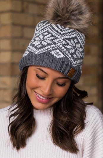 Grey and White snowflake Pom hat - The Magnolia Cottage Boutique