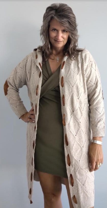 Tan hooded cardigan with Suede Detail The Magnolia Cottage Boutique