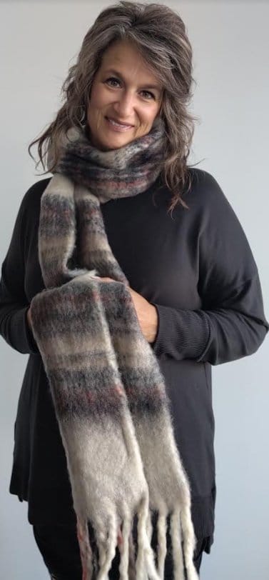 Taupe plaid long scarf with fringe The Magnolia Cottage Boutique
