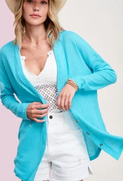 Turquoise Cardigan with waffle knit - The Magnolia Cottage Boutique